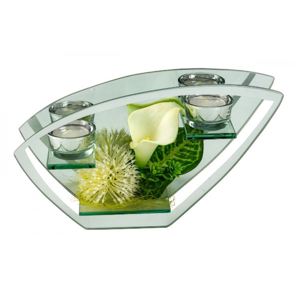 Glasdeko mit Blumen weiß/grün für 2 Teelichte h=15