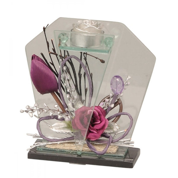 Glasdeko mit Blumen violett für Teelicht h=16cm